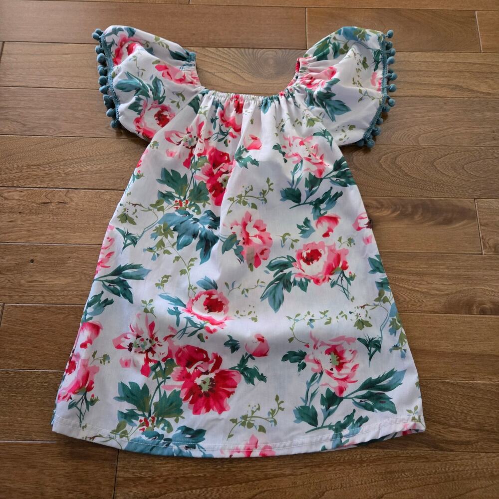 Marie Nicole Clothing Girls‎ Ruffle Sleeve Dress Blue Pink Flowers Medium Cotton